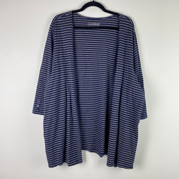 Catherines Suprema Collection Cardigan Size 2X Navy Tan Stripe 3/4 Sleeves Open - Picture 1 of 11